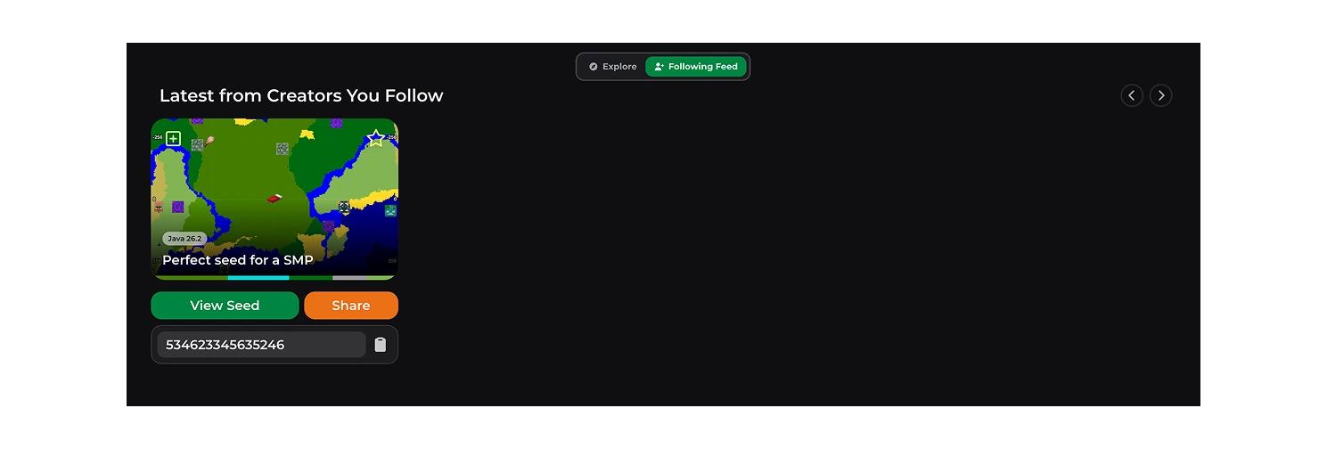 Homepage feed showing the 'Following Feed' tab selected, listing seeds from followed creators