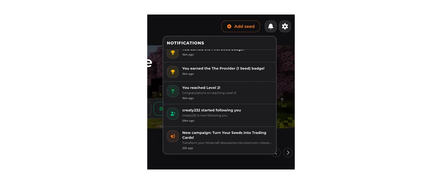 A notification bell dropdown displaying in-app alerts for new follow activity and new seeds