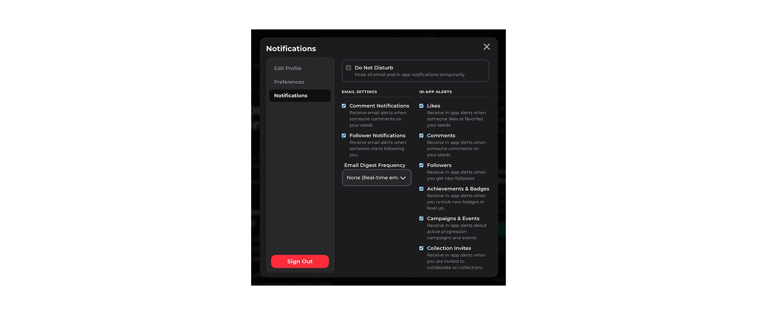 Notification settings panel showing checkboxes for comment, like, and follow alerts