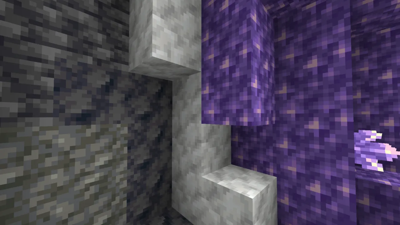 Cross-section diagram showing the 3 layers: outer Smooth Basalt, middle Calcite, and inner purple Amethyst