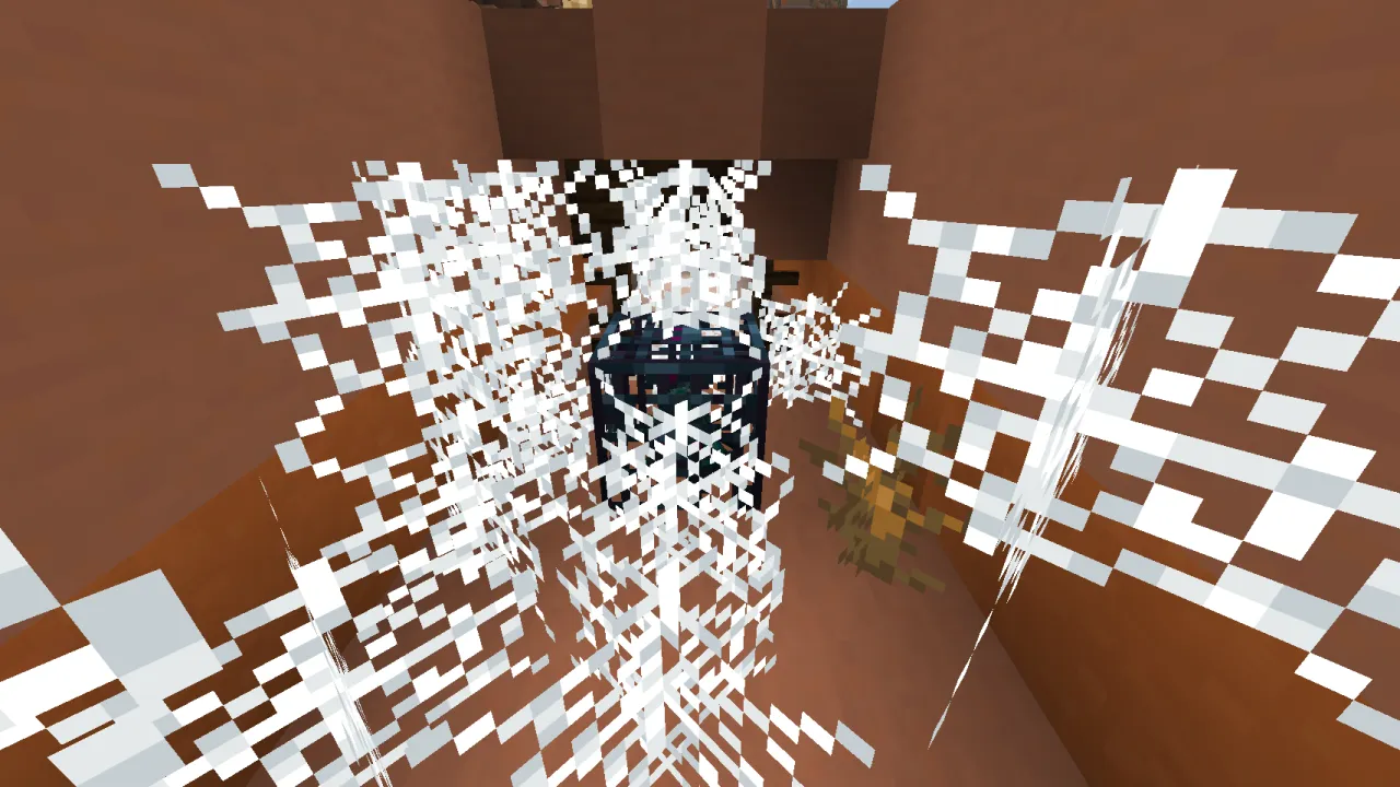 Cave Spider spawner encased in thick white cobwebs inside a wooden mineshaft corridor