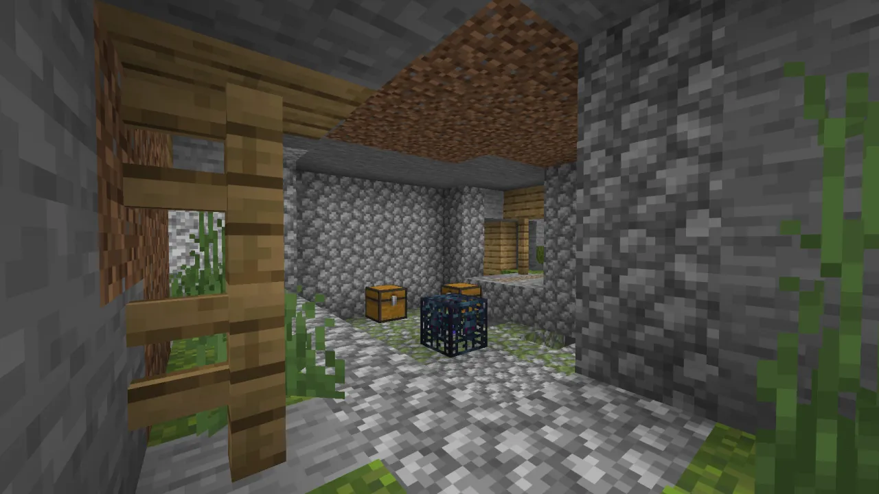 Player looting a Chest Minecart on a wooden mineshaft rail track