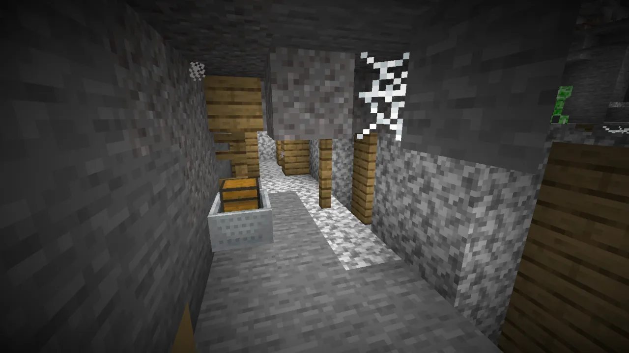 Wide view down a wooden Mineshaft tunnel with rails on the floor and support beams on the walls