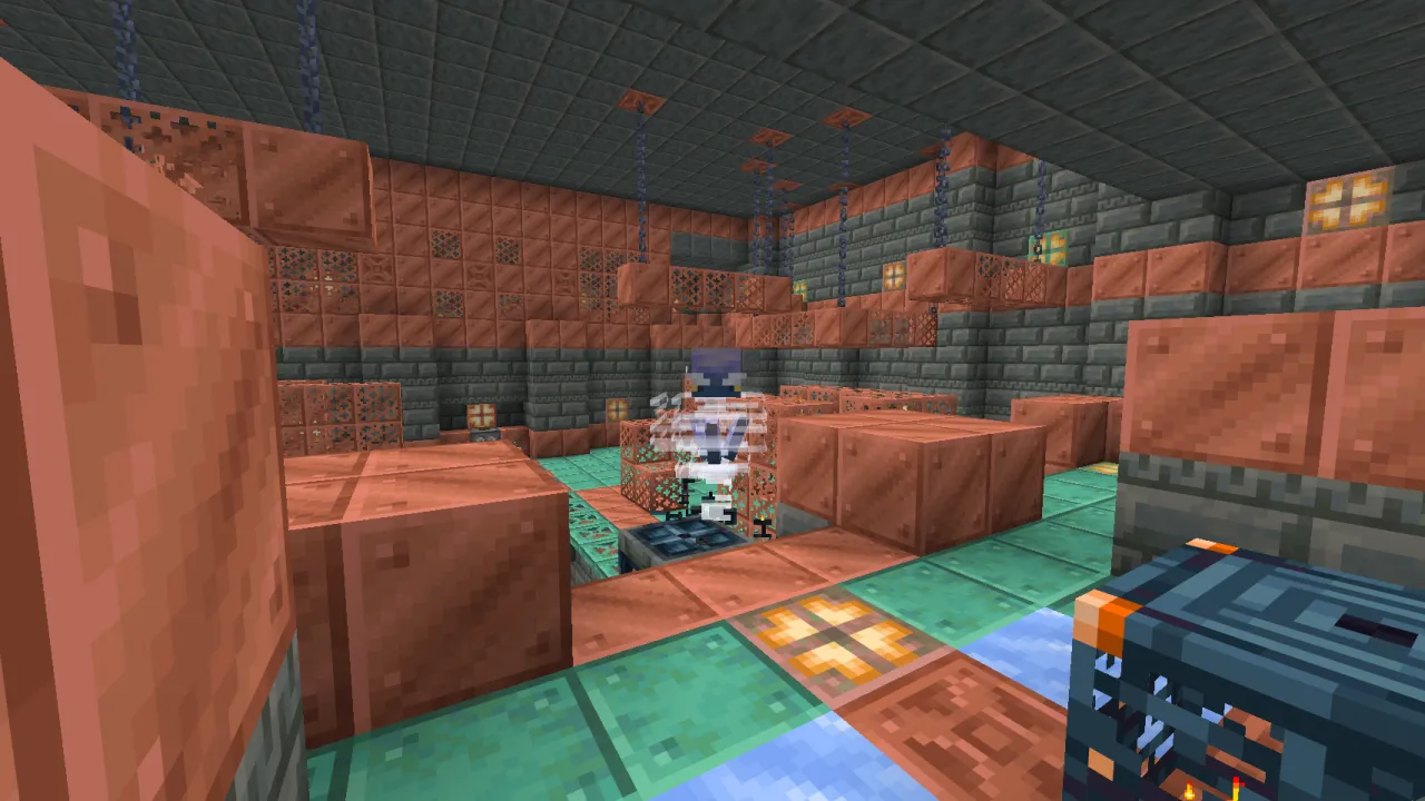 A Breeze mob mid-leap inside a Trial Chamber spawner room firing a wind charge