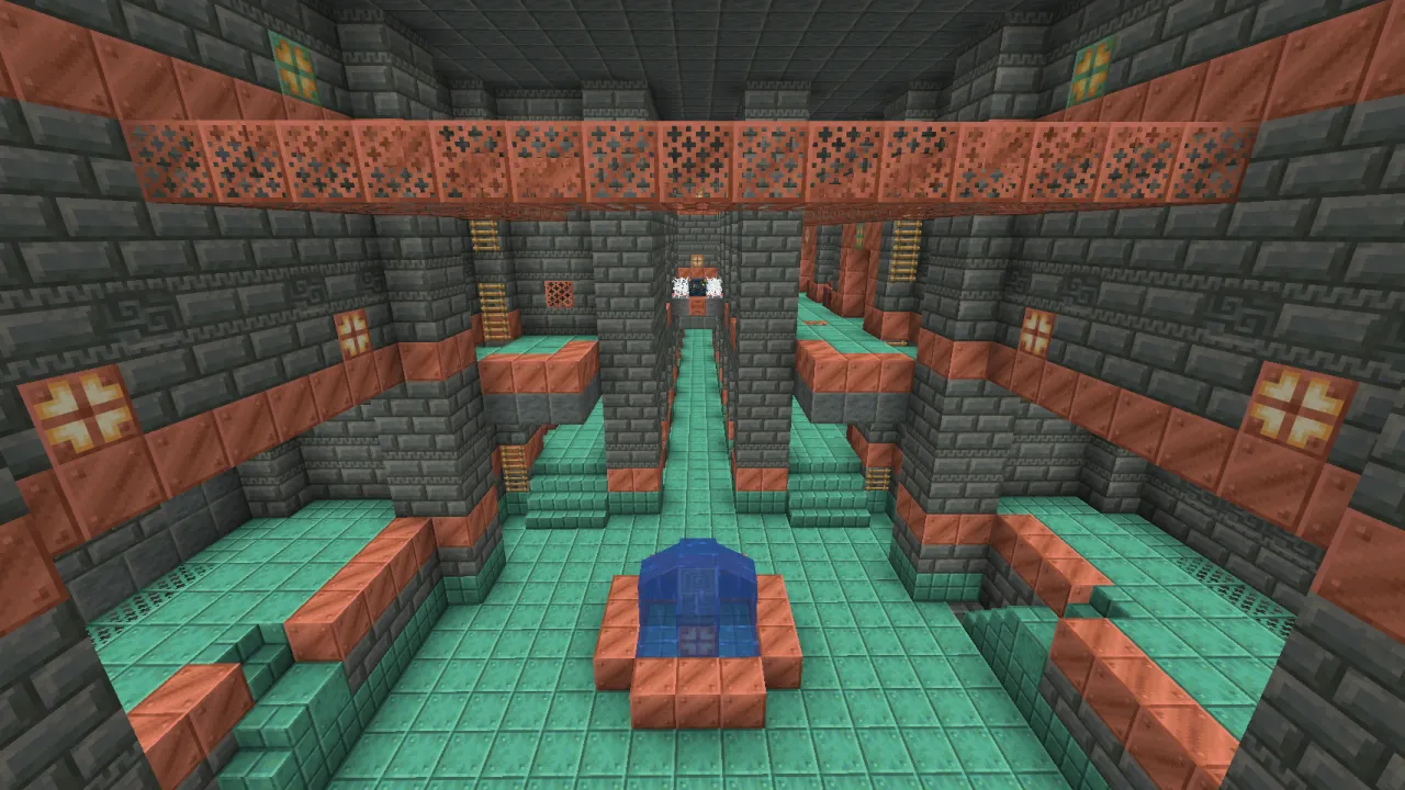 Detailed cutaway model of a Trial Chamber showing entry hall, spawner pits, and secret vault rooms