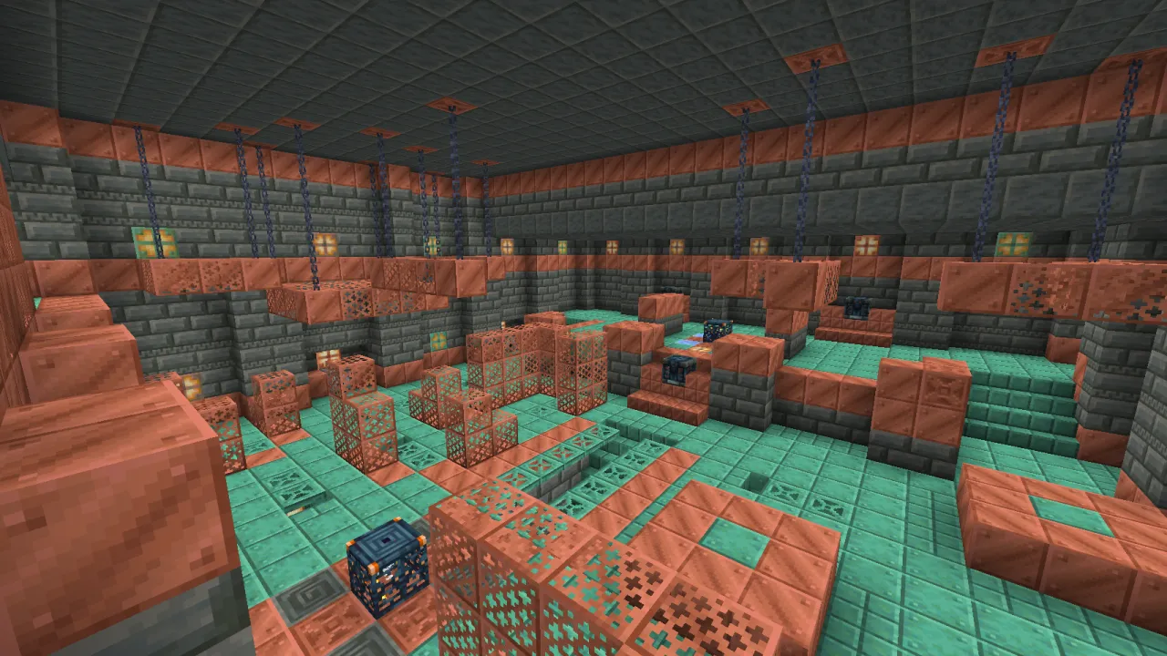 Interior view of a Trial Chamber battle hall built from tuff bricks, copper bulbs, and chiseled copper