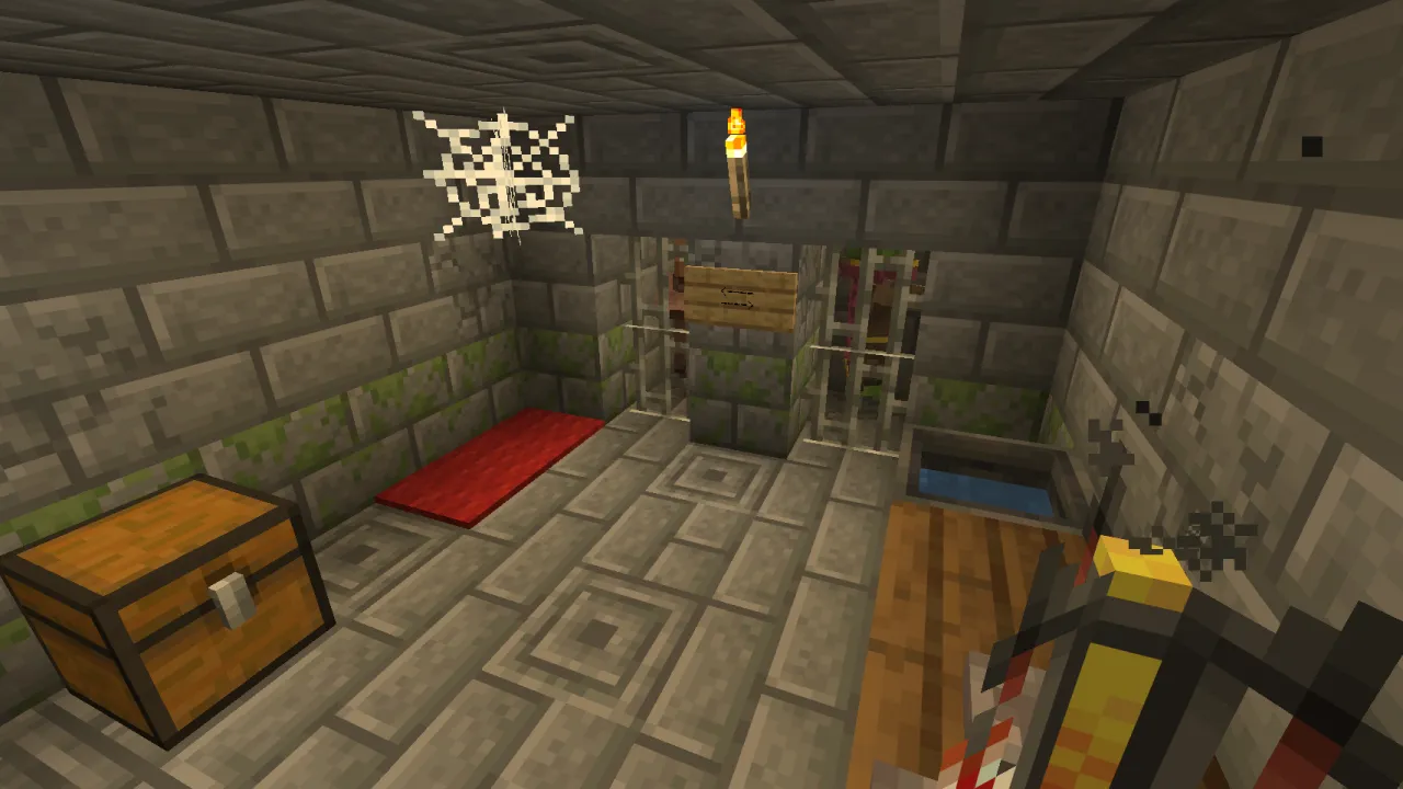 Interior view of the Igloo secret basement showing brewing stand, golden apple chest, and villager cages