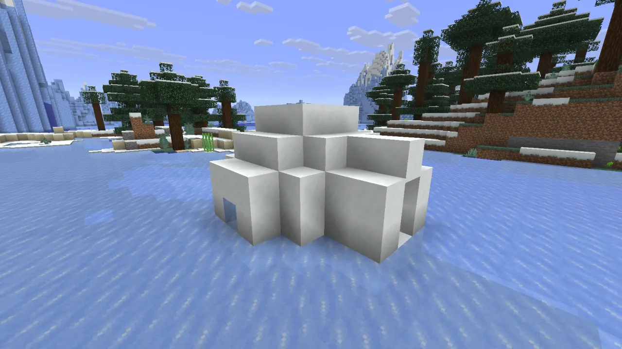 Exterior view of a Minecraft snow dome Igloo in a snowy plains biome at sunrise
