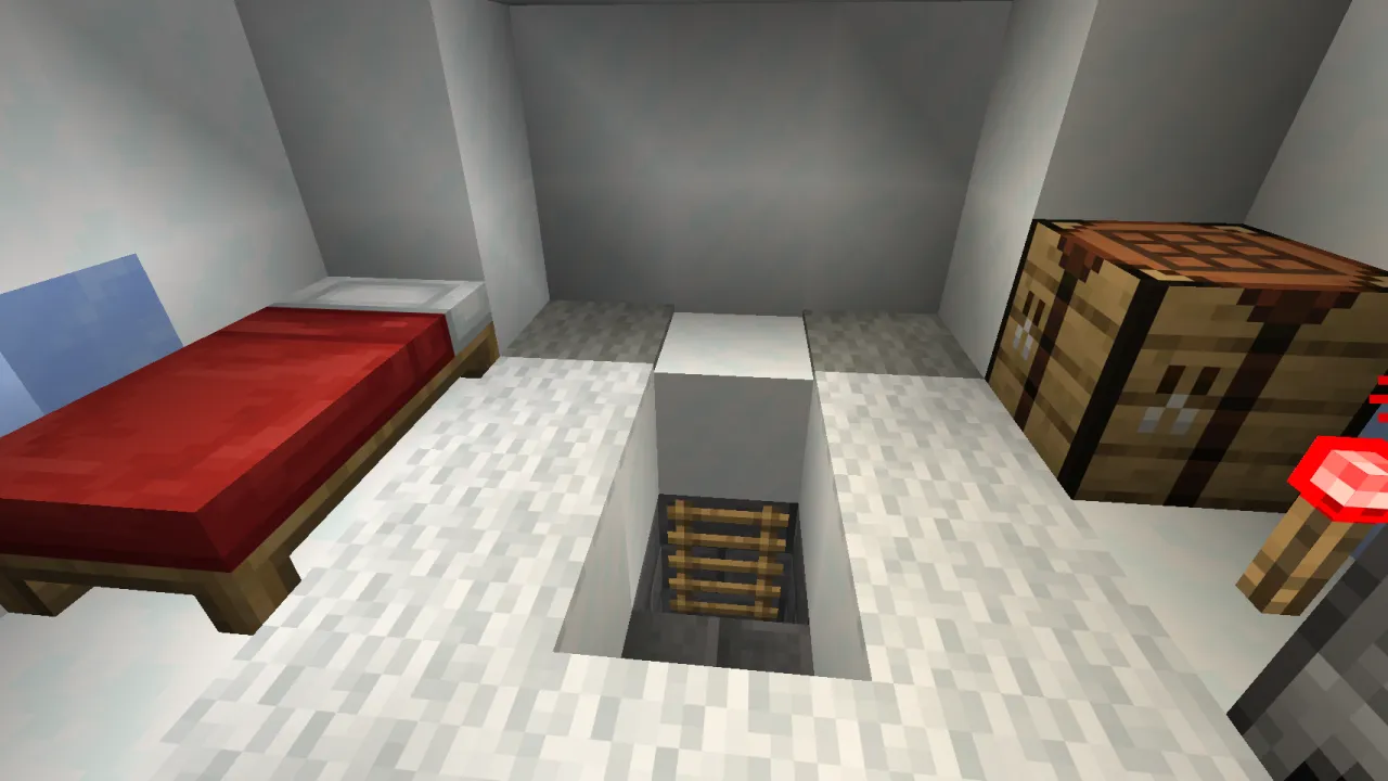 Player removing carpet inside an Igloo revealing a wooden trapdoor and ladder leading downward