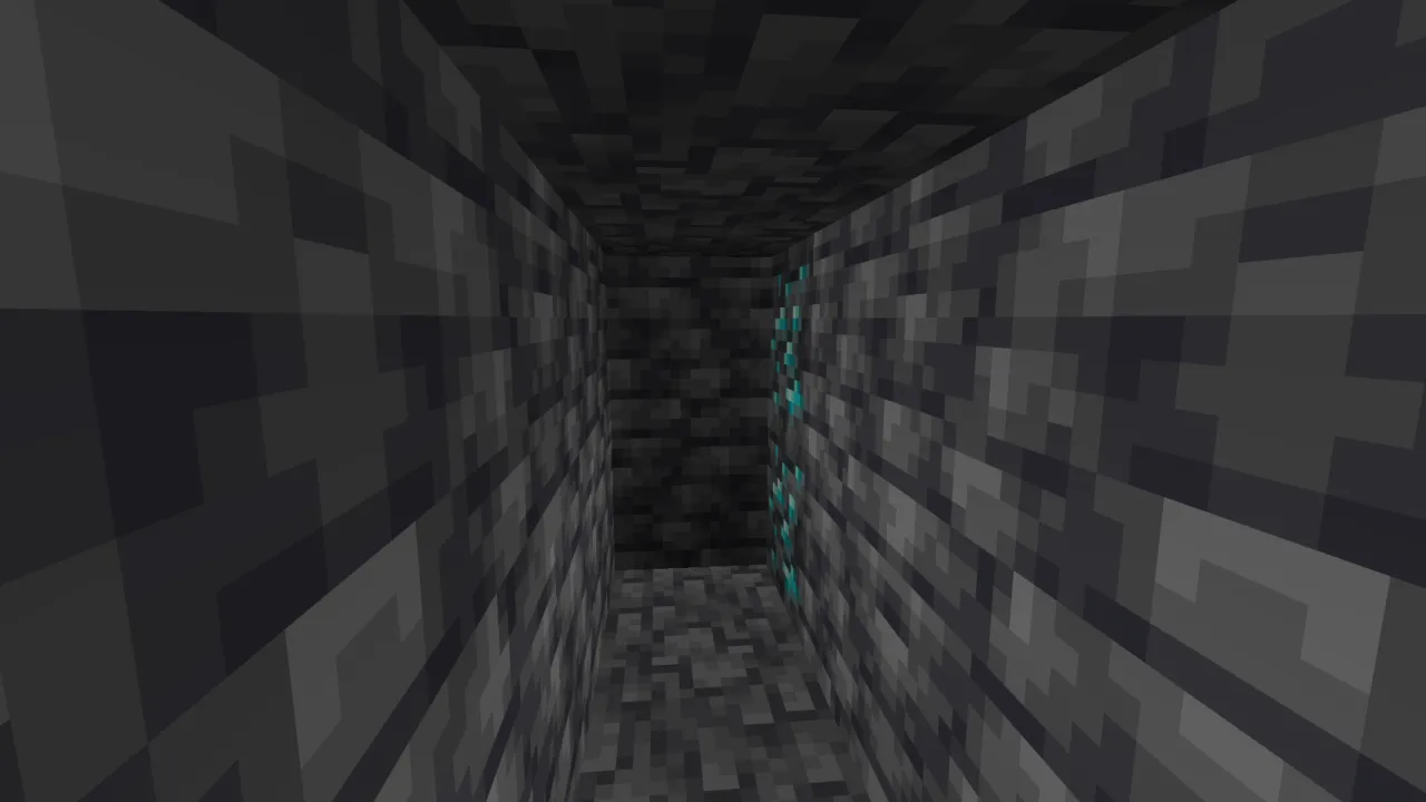 Clean 1x2 branch mine corridor at Y=-58 with torches placed every 10 blocks