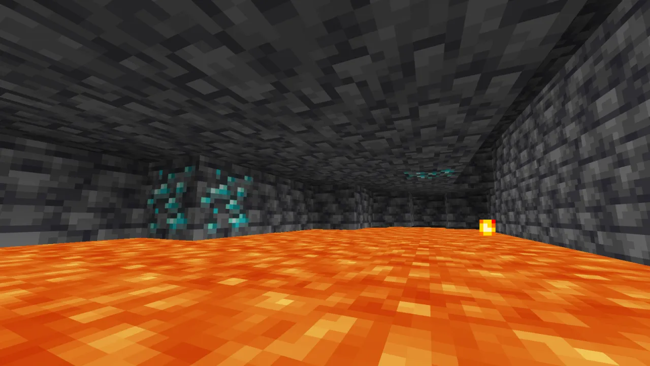 Flooded deepslate cave with glowing diamond ore blocks on the underwater cavern floor