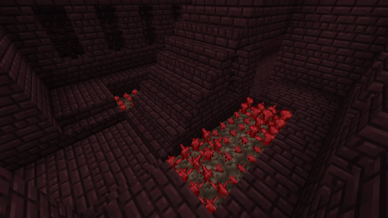 Red Nether Wart crops growing on a soul sand staircase inside a Nether Fortress corridor