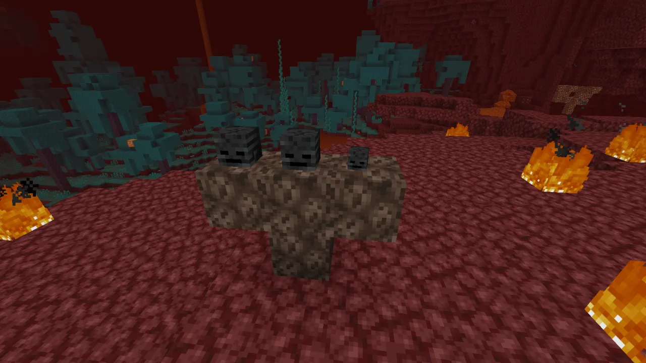 T-shape Soul Sand arrangement with 3 Wither Skeleton Skulls placed on top to summon the Wither