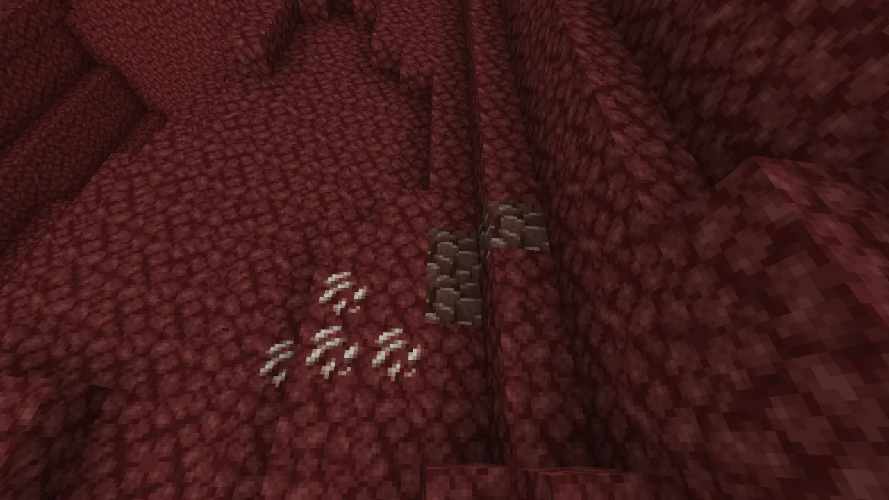 Exposed Ancient Debris blocks in a Nether tunnel wall crater