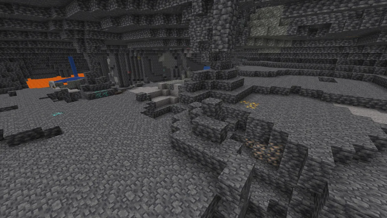 Mine shaft tunnel surrounded by exposed Diamond, Gold, Iron, and Coal ore blocks