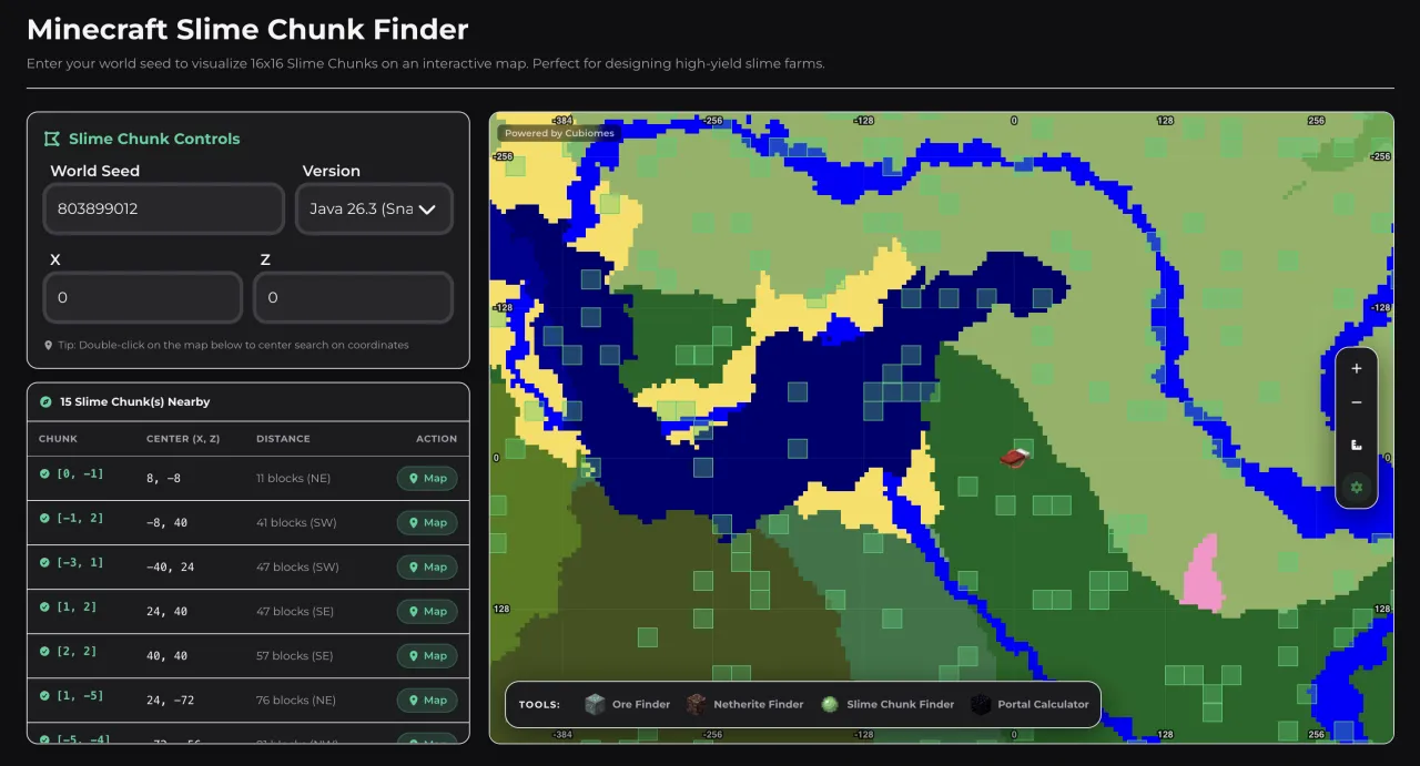 Screenshot of the MCSeedShare Slime Chunk Finder interface highlighting green 16x16 chunk squares near player coordinates