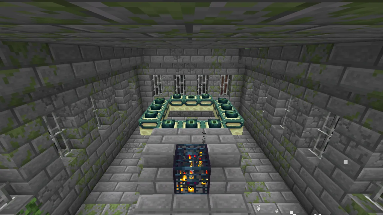 An End Portal frame with 11 Eyes inserted, requiring 1 final Eye of Ender to ignite the void portal