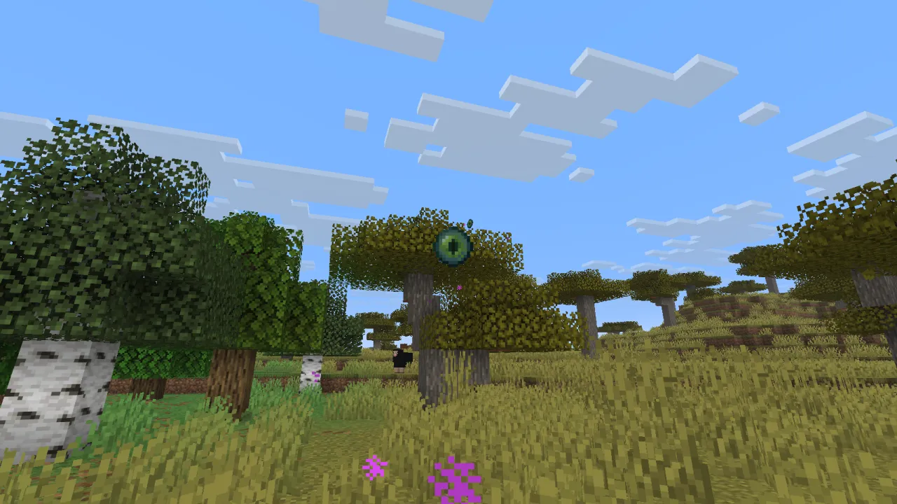 First-person view of an Eye of Ender floating over a forest