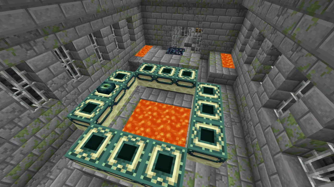 The central End Portal room inside a stone brick Stronghold showing portal frame blocks hovering over a lava pool