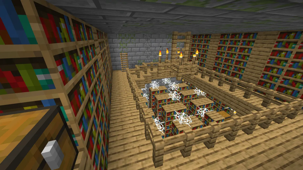 Inside a grand two-story Stronghold library filled with cobwebs, bookshelves, and loot chests
