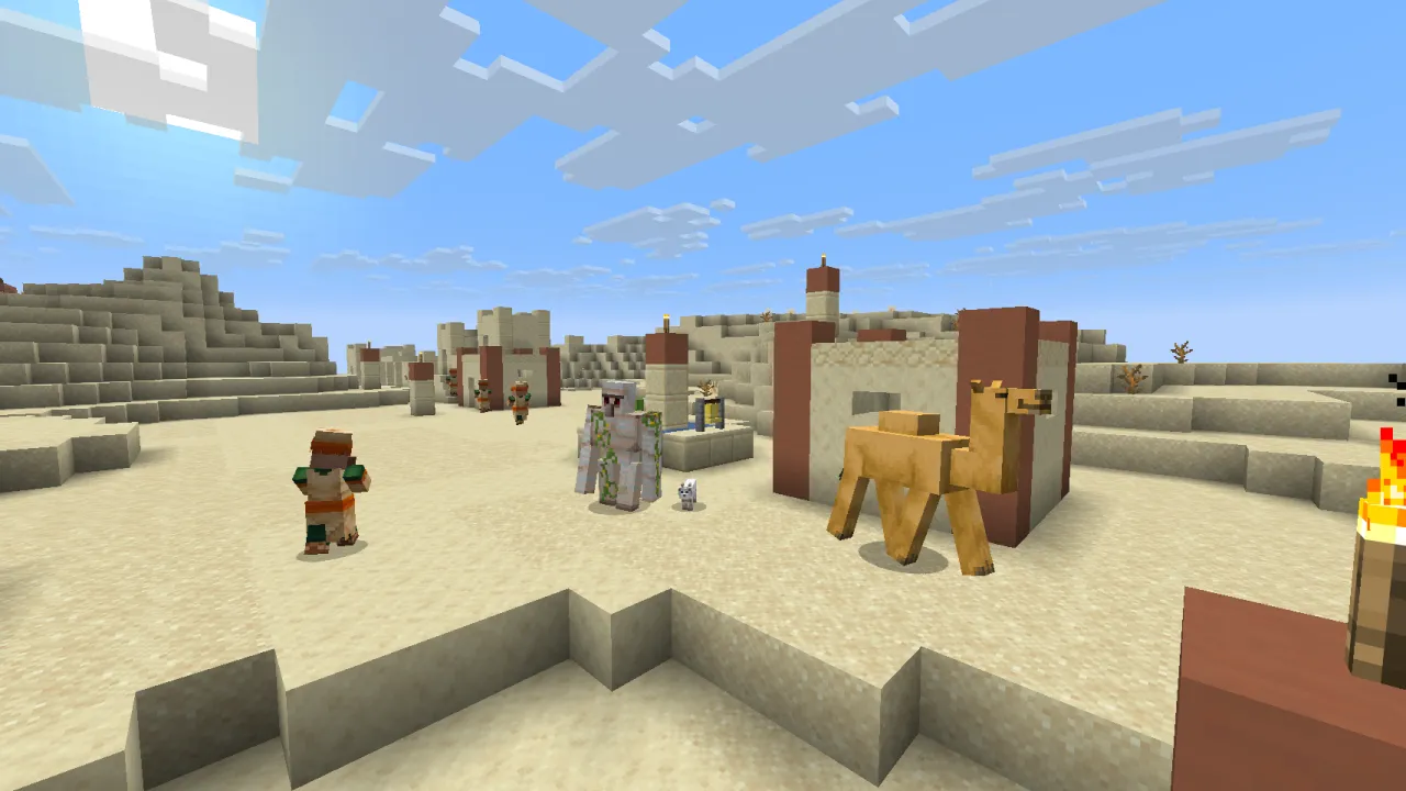 A Desert Village featuring sandstone houses, cactus fences, and camel pens