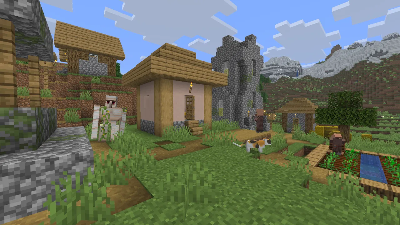 High-angle scenic view of a cozy Plains Village with crop plots, bell tower, and iron golem