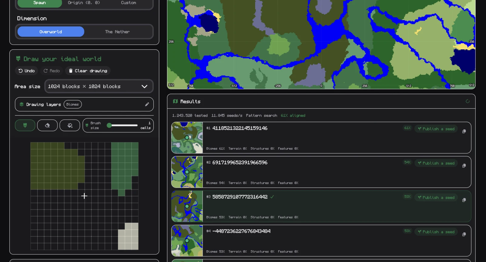 image - Visual Draw Mode showing painted biome regions, terrain height brush, and live seed similarity matching