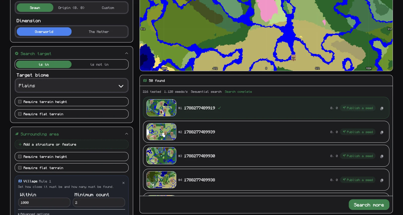 image - Multi-condition search panel showing nearby biome rules, structure radius filters, and terrain flatness settings