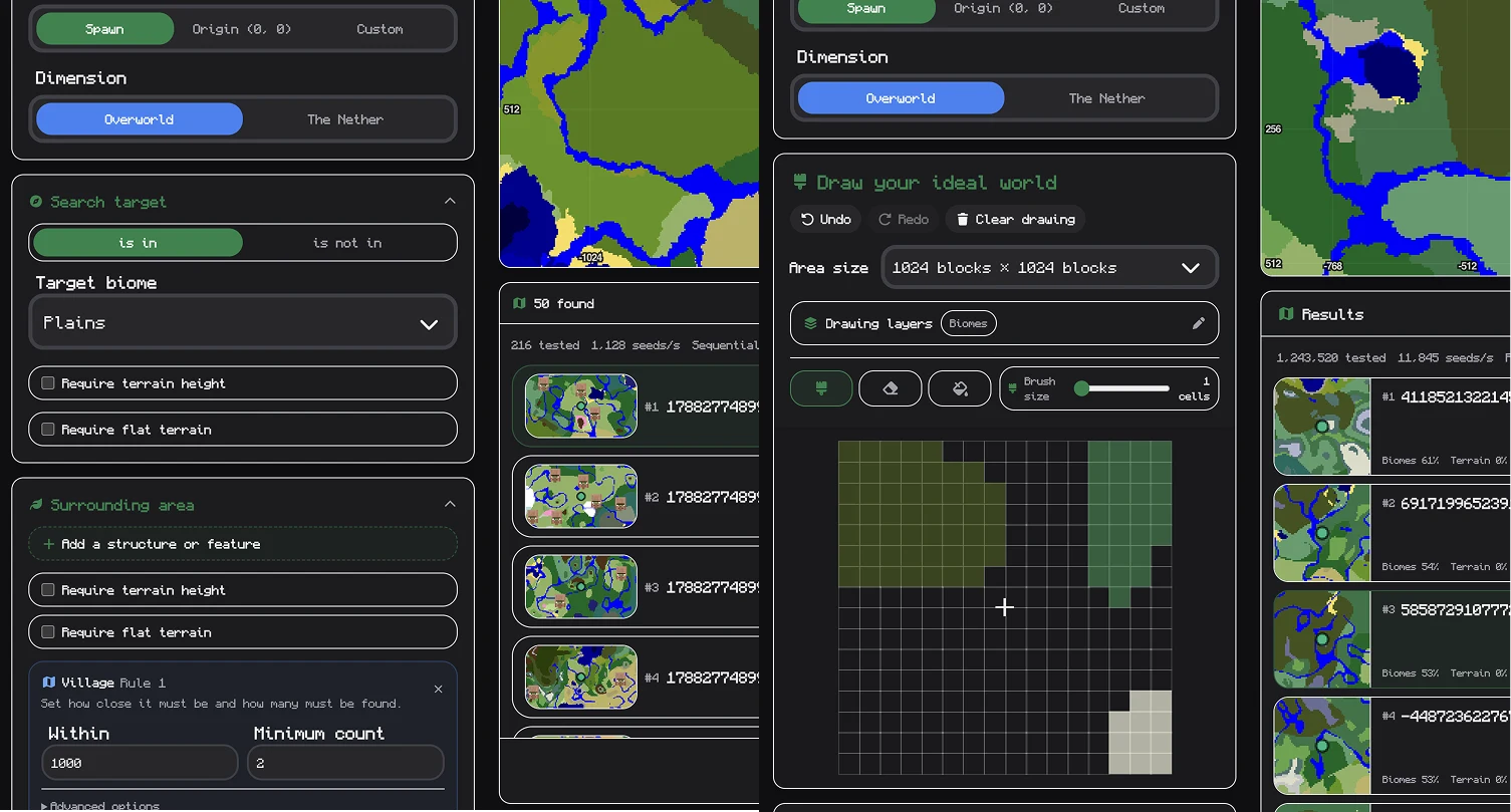 image - Seed Finder launch hero showing the interactive drawing canvas and multi-condition seed search dashboard