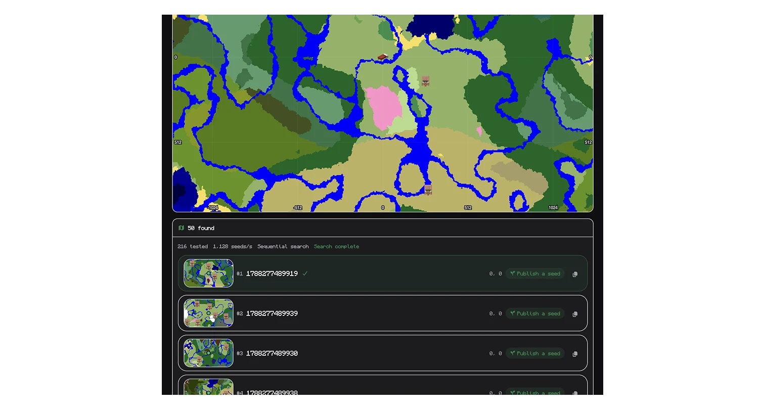 image - Seed Finder results feed with instant Seed Map previews, copyable seed numbers, and quick-publish buttons