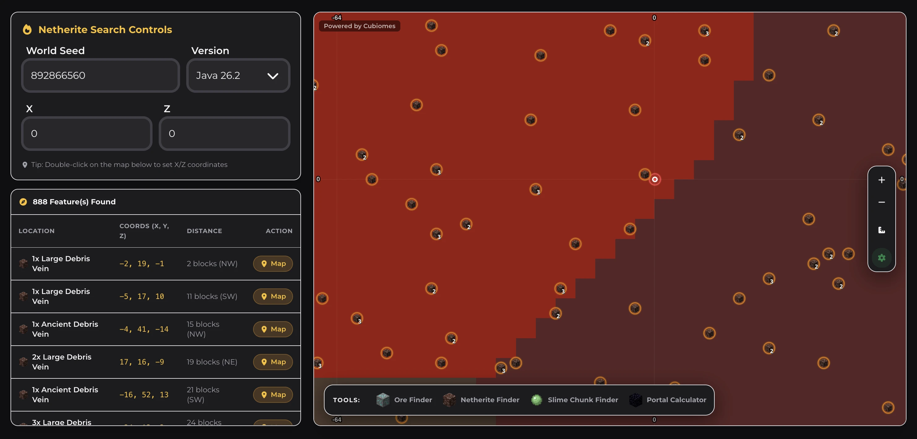 Netherite Finder highlighting Ancient Debris vein hotspots across Nether Wastes and Basalt Deltas
