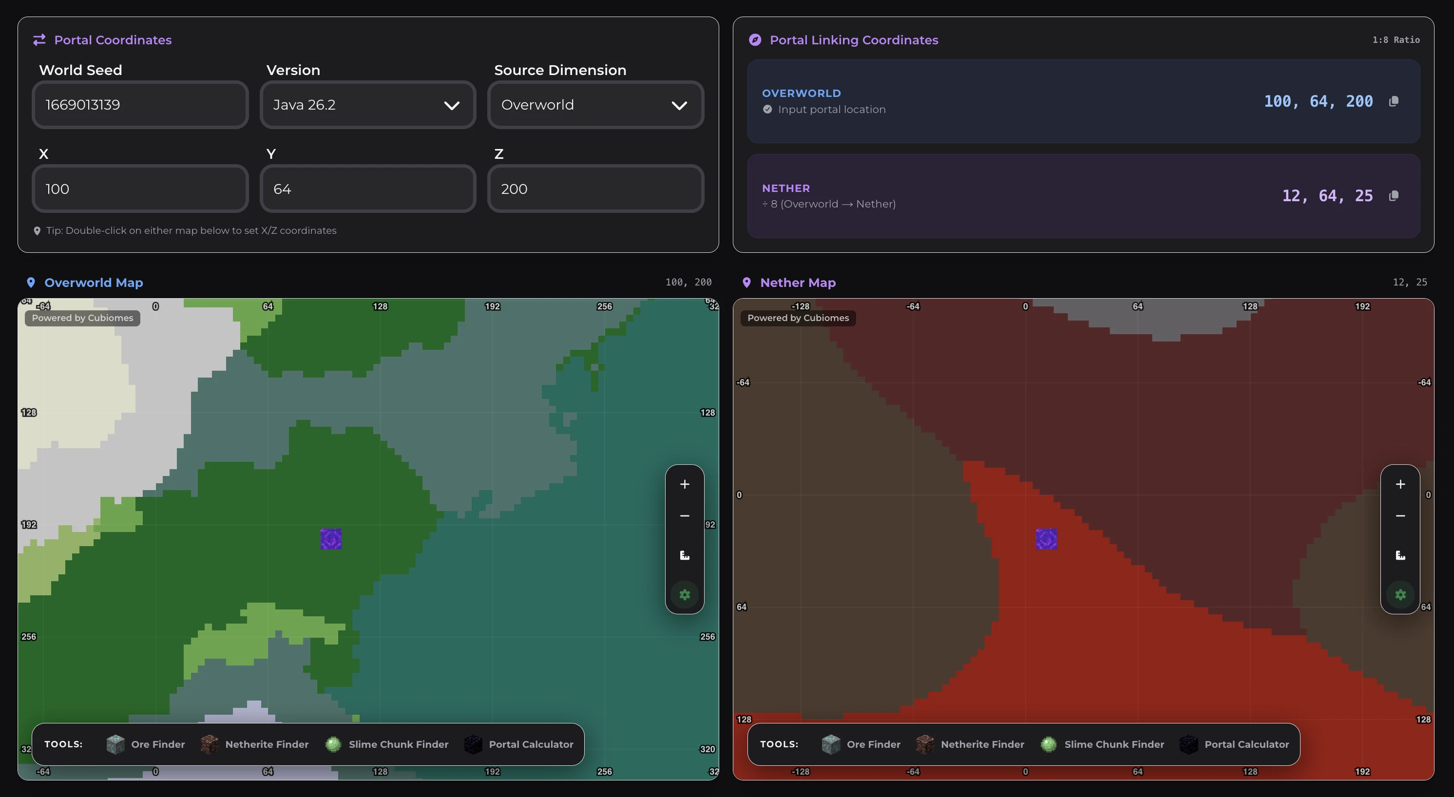 Portal Linking Calculator showing 3D Overworld to Nether coordinate conversion with distance saved stats