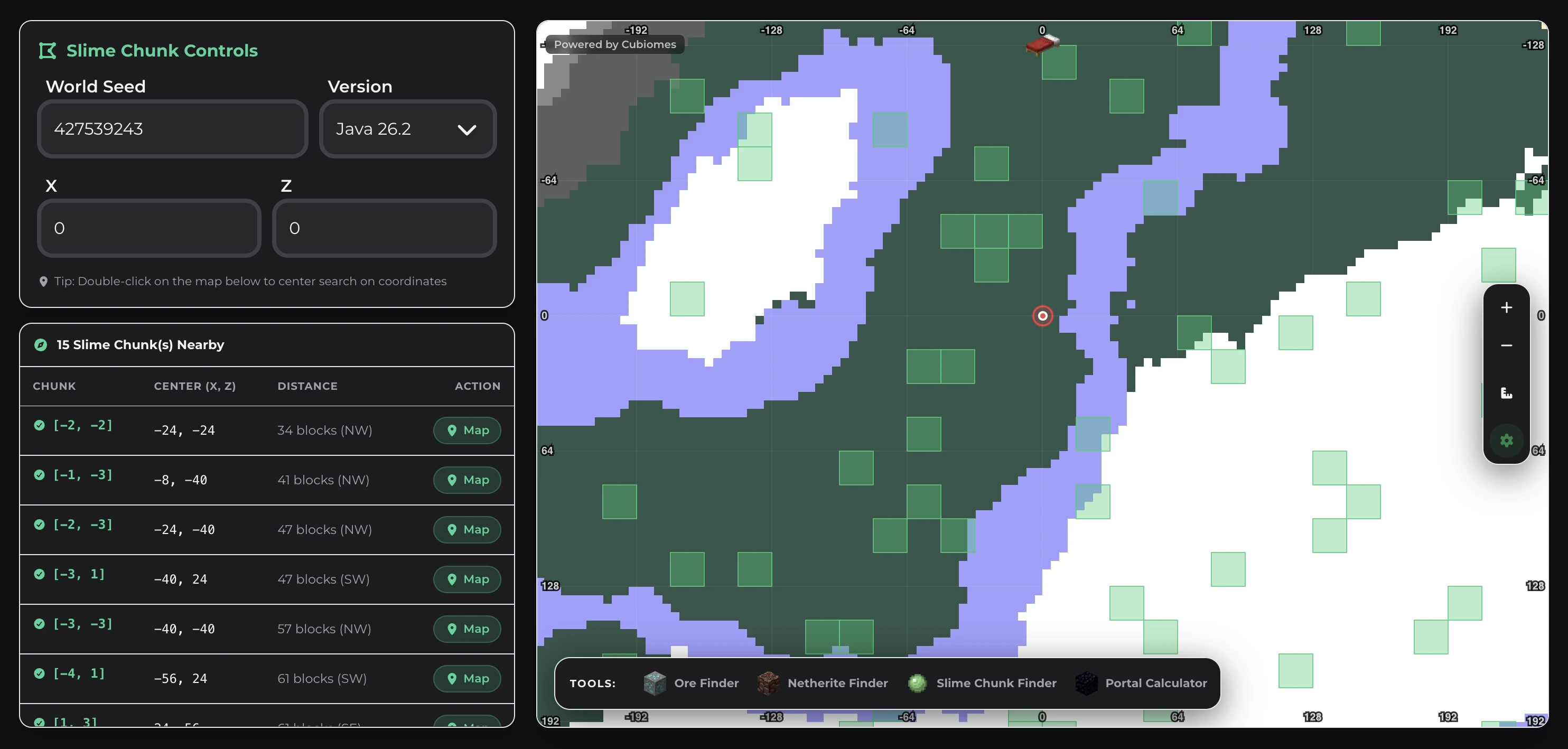 Slime Chunk Finder displaying a high-contrast 16x16 green chunk grid over world biomes